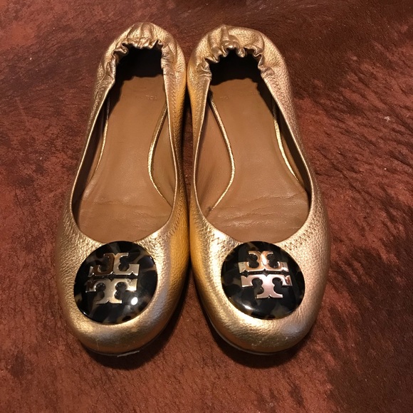 Tory Burch Gold Gold-tone Leather Reva Logo Flats - Picture 2 of 5
